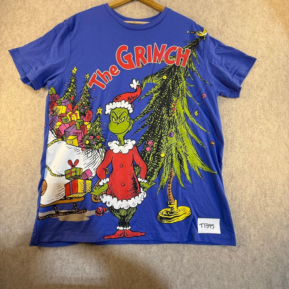 Dr Seuss The Grinch Stole Christmas Graphic T-Shirt Blue XL Max Dog Sleigh